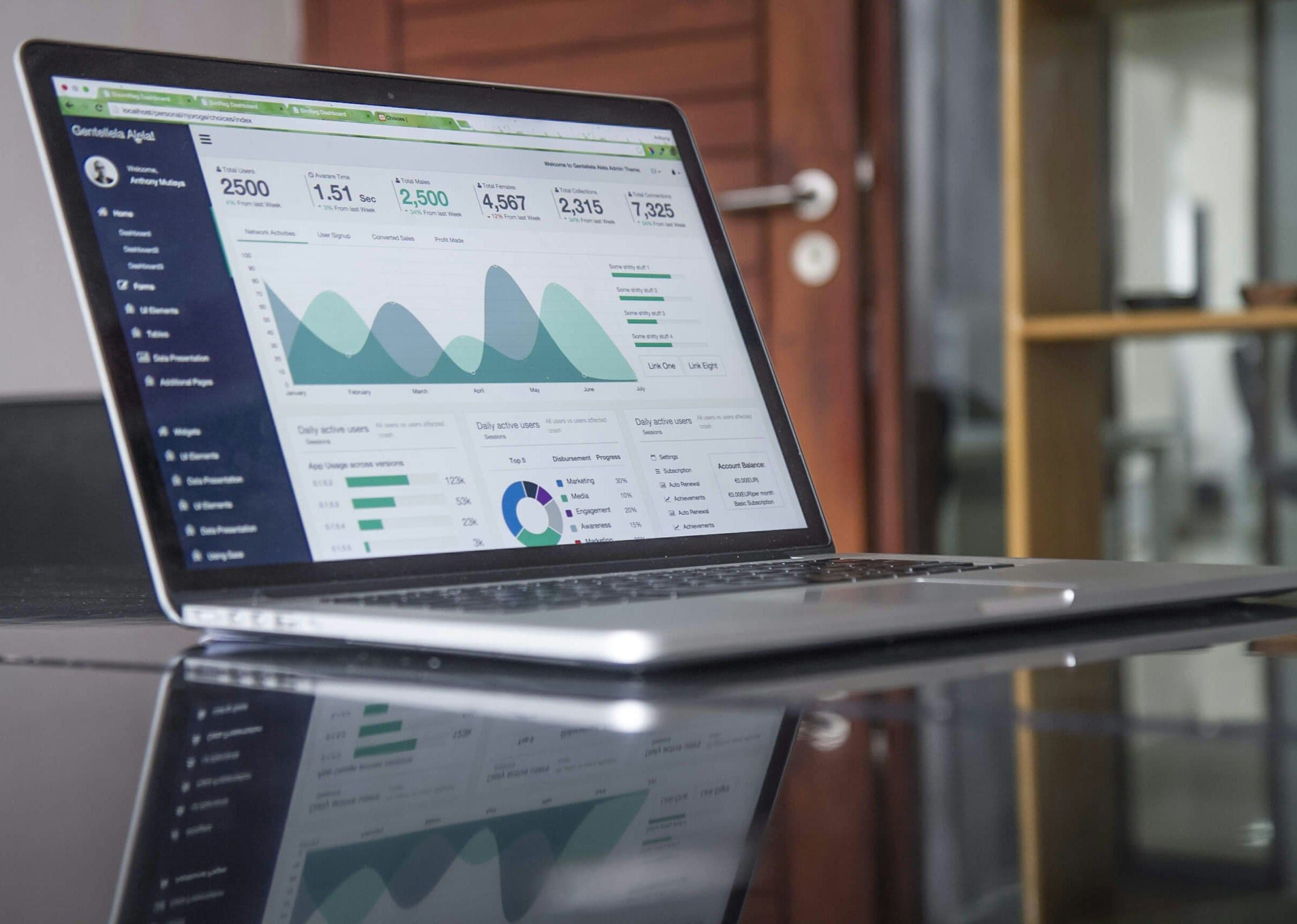 Vue rapprochée d'un ordinateur portable affichant des analyses et des visualisations de données sur un écran avec des graphiques, des statistiques et des métriques d'activité des utilisateurs.